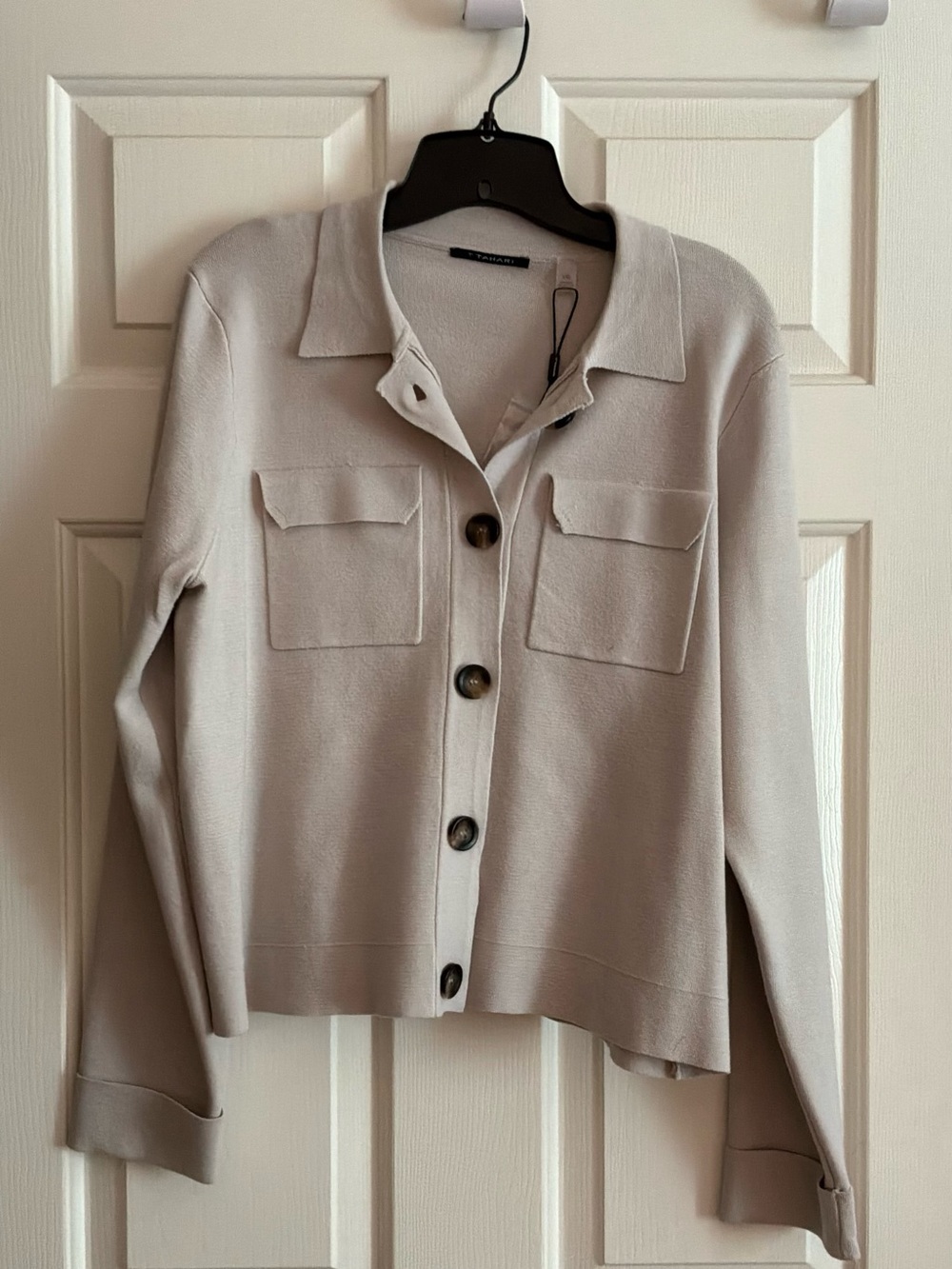 T Tahari Light Beige Button-Front Cardigan